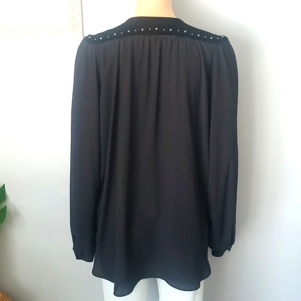 Vtg Whimsigoth Black Studded Peasant Blouse Velvet Trim Tassel Keyhole Top L - Picture 11 of 16